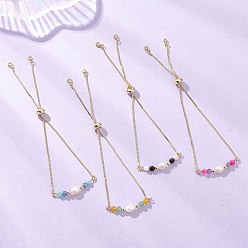 Смешанные камни 4 шт. 4 стили латунный браслет-слайдер с цепочкой-коробкой, Браслет из натуральных и синтетических смешанных драгоценных камней и культивированного пресноводного жемчуга для женщин, реальный 18 k позолоченный, внутренний диаметр: 2-7/8 дюйм (7.2 см), 1 шт / стиль