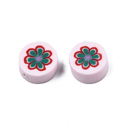 Green Handmade Polymer Clay Beads, Flat Round with Flower, Green, 9~10x4~4.5mm, Hole: 1.2~1.8mm