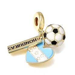 Light Sky Blue Football Theme Brass & Enamel European Dangle Charms, Large Hole Pendants, Honduras & Heart, Rack Plating, Long-Lasting Plated, Cadmium Free & Lead Free, Golden, Light Sky Blue, 29mm, Hole: 4.5mm