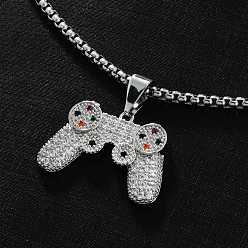 Серебро Милые ожерелья с подвеской в виде мини-геймпада с микропаве из латуни и разноцветными кубическими циркониями для мужчин, серебряные, 23.62 дюйм (60 см)