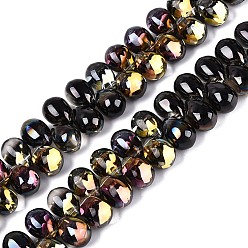 Black Electroplate Baking Paint Transparent Glass Beads Strands, Top Drilled Beads, Teardrop, Black, 13.5x9.5x9.5mm, Hole: 1~1.2mm, about 119~122pcs/strand, 21.46~23.43 inch(54.5~59.5cm)