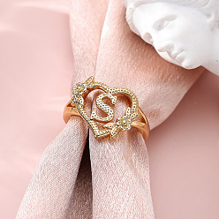 Letter S Сердце с цветком полые латунные перстни, золотые, Письмо с, внутренний диаметр: 17 мм