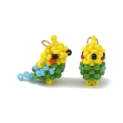 Yellow MIYUKI Round Glass Seed Beads Glass Pendants, Parrot Charms, with 304 Stainless Steel Jump Ring, Yellow, 2x17x8.5mm, Hole: 2.5mm