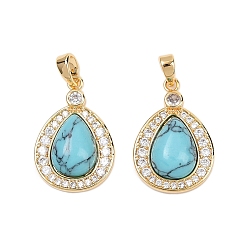 Настоящее золото 18K Латунные микропаве прозрачные подвески с фианитом, без кадмия, без никеля и без свинца, с синтетическими бирюзовый, слеза, реальный 18 k позолоченный, 21.5x14.5x5.5 мм, отверстие : 3.5x2.5 мм