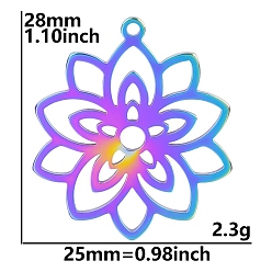 Rainbow Color 304 Stainless Steel Pendants, Hollow, Lotus Charm, Rainbow Color, 28x25mm