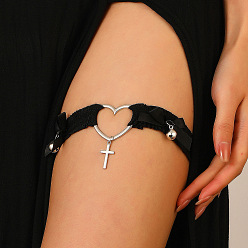 Черный Цепочка для ног с бантом из эластичного волокна, эластичные цепи на бедра из сплава с сердечками и крестообразным звеном для женщин, платина, чёрные, внутренний диаметр: 114 мм