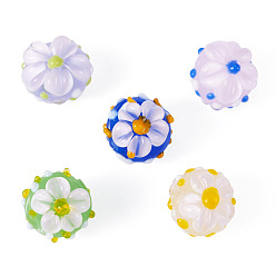 Mixed Color 5Pcs 5 Colors Handmade Lampwork Enamel Beads, Hand Drawn Beads, Bumpy Round with Flower, Mixed Color, 14x10.5~12mm, Hole: 1.5mm, 1pc/color