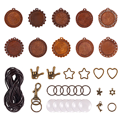 Antique Bronze DIY Pendant Making, with Wooden Pendant Cabochon Settings, Iron Split Key Rings, Brass Jump Rings, Glass Cabochons, Alloy Pendants, Alloy Keychain Clasp Findings, Cowhide Leather Cord, Antique Bronze