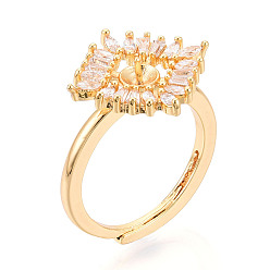 Настоящее золото 18K Ромбовидная латунь микропаве прозрачный кубический цирконий чашка колышек закрепка кольца, регулируемые настройки колец для полупросверленных бусин, без кадмия, без никеля и без свинца, реальный 18 k позолоченный, штифты : 0.9 мм, 17.8 мм, внутренний диаметр: 17~17.8 мм