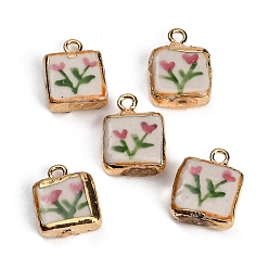 Pale Violet Red Handmade Porcelain with Brass Pendants, Square with Flower Charms, Hand Painted, Famille Rose Porcelain, Golden, Pale Violet Red, 21.5~22.5x17.5~18x7.5mm, Hole: 2.5mm