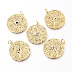 Настоящее золото 18K Подвески из латуни с прозрачным микропейвом и синим фианитом, с прыжковых колец, плоские круглые с глаз, реальный 18 k позолоченный, 25.9x23.3x2.5 мм, отверстие : 3.4 мм