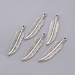 Antique Silver Tibetan Style Alloy Charms, Lead Free & Cadmium Free & Nickel Free, Feather, Antique Silver, 42x10x2mm, Hole: 2mm