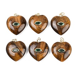 Тигровый глаз Природных тигровый глаз подвески, подвески в форме сердца с латунной микрофиброй и фианитами, реальный 18 k позолоченный, долговечный, стойки покрытие, без кадмия и без свинца, 22x20x6.5 мм, Перейти кольцо: 5x1 мм, внутренний диаметр: 3 мм