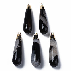 Black Natural Agate Big Pendants, with Golden Brass Findings, Rack Plating, Teardrop, Black, 60~61x14.5x14.5mm, Hole: 2mm