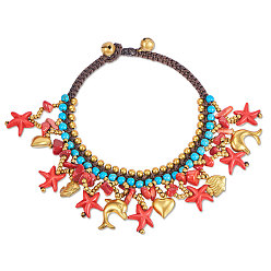 Красный Вощеные шнурки на щиколотку, с синтетическими бирюзовый, драгоценный камень чипов, латунные бусы и подвески, Тема океана, красные, 9 дюйм (23 см)