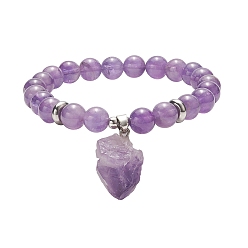 Amethyst Round Natural Amethyst Beaded Stretch Bracelet with Nuggets Charms for Women, Inner Diameter: 2-1/8 inch(5.5cm)