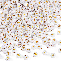 Letter X 500 Uds plateando cuentas de acrílico, metal dorado enlaced, agujero horizontal, plano y redondo con alfabeto, blanco, letra x, 7x3.5 mm, agujero: 1.2 mm