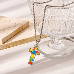 Разноцветный 304 ожерелья с подвесками-крестиками из нержавеющей стали с эмалью, забавные и невыцветающие украшения, цвет нержавеющей стали, красочный, 21.85 дюйм (55.5 см)