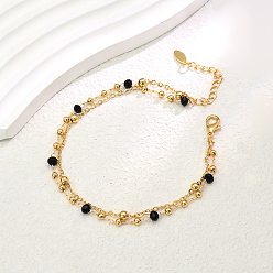 Черный Модные двухслойные регулируемые женские браслеты на щиколотку из латуни и граненого стекла в винтажном стиле, реальный 18 k позолоченный, чёрные, 8-1/4 дюйм (210 мм)