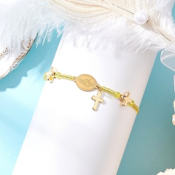 Желтый Регулируемые браслеты из нейлонового шнура с плетеными бусинами, 304 Браслеты из нержавеющей стали с подвесками в виде Девы Марии и креста для женщин, со стеклянными бисеринами, желтые, внутренний диаметр: 2-3/8~3-3/8 дюйм (6~8.5 см)