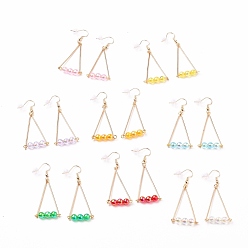 Mixed Color Triangle Dangle Earrings Sets, with Acrylic Round Beads, Brass Earring Hooks, Iron Bar Links and Plastic Ear Nuts, Golden, Mixed Color, 61mm, Pin: 0.6mm, 8pairs/set