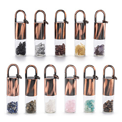 Смешанные камни Стеклянная роликовая бутылка, с шариками-роликами и стружкой из натуральных драгоценных камней, флаконы для духов с эфирным маслом, крышка от бутылки из красной меди и латуни, 62.5x16 мм, отверстие : 10x14 мм, Перейти кольцо: 8x1 мм