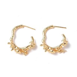 Real 18K Gold Plated Brass Stud Earring Findings, with Peg Bails and 925 Sterling Silver Pins, Irregular Ring, Real 18K Gold Plated, 28x8mm, Pin: 0.8mm
