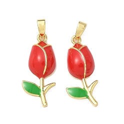 Красный Латунь эмаль подвески, очарование розы, реальный 18 k позолоченный, красные, 24.5x10x5 мм, отверстие : 2.5x5 мм