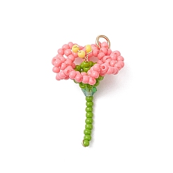 Pink Подвески-цветы из стеклянных бус, с открытыми пружинными кольцами из нержавеющей стали 304, реальный 18 k позолоченный, розовые, 30x20.5x16.5 мм, отверстие : 3 мм