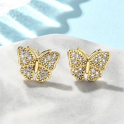 Настоящее золото 18K Серьги-гвоздики с бабочками из латуни с микропаве из прозрачных кубических цирконий, без свинца и без кадмия, долговечный, реальный 18 k позолоченный, 11.5x13.5 мм
