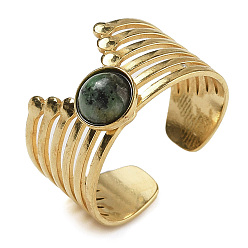 Африканский Бирюза(яшма) Кольца из натуральной африканской бирюзы (яшмы), 304 Многослойные открытые манжетные кольца из нержавеющей стали с ионным покрытием (IP), реальный 18 k позолоченный, 13.5 мм, регулируемый