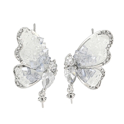 Платина Латунь с эмалью с фианитами, серьга-пусета с кристаллами и булавками из стерлингового серебра 925, без кадмия, без никеля и без свинца, бабочка, платина, 28x14.5 мм