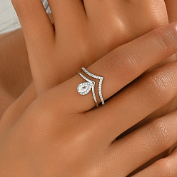 Серебро Латунные микропаве кубические цирконии регулируемые открытые манжеты кольца для женщин, слеза, серебряные, внутренний диаметр: регулируемый