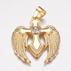 Golden 304 Stainless Steel Pendants, Ion Plating (IP), with Rhinestone, Wing with Cross, Golden, 39x49x5mm, Hole: 7x9mm