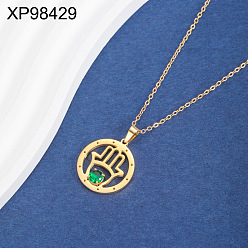 Hamsa Hand 304 Подвеска-колье из нержавеющей стали с зелеными кубическими циркониями, выполненная в технике ажурной инкрустации, для женщин., золотые, хамса рука, 17.72 дюйм (45 см), Кулон : 22 мм