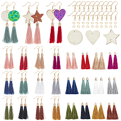 Mixed Color DIY Tassel Earring Making Kits,Including Undyed Wood Links, Polyester Tassel Big Pendants, Brass Earring Hooks and Iron Jump Rings, Mixed Color, Tassel Big Pendants: 60~65x7~25mm, hole: 1.5mm, 12 colors, 4pcs/color, 48pcs/set