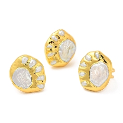 Golden Natural Pearl Paw Print Open Cuff Ring, Brass Ring for Women, Long-Lasting Plated, Golden, US Size 9 3/4(19.5mm)