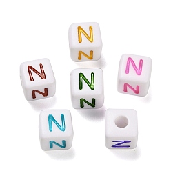 Letter N Непрозрачные акриловые бусины, Эмаль стиле, куб с письмом, Письмо N, 10x9.5x9 мм, отверстие : 3.8 мм, Около 560 шт / 500 г