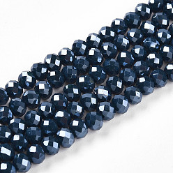 Морской Синий Стеклянные бусины с гальваническим покрытием , гальваническое покрытие, граненые, рондель, Marine Blue, 4x3 мм, отверстие : 0.4 мм, около 105~110 шт / нитка, 38~39 см