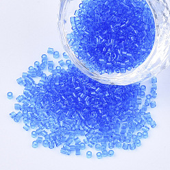 Royal Blue Glass Cylinder Beads, Seed Beads, Transparent Colours, Round Hole, Royal Blue, 1.5~2x1~2mm, Hole: 0.8mm, about 8000pcs/bag, about 85~95g/bag