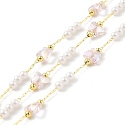 Pink Handmade Eco-friendly Brass Cable Chain, with Glass & CCB Butterfly & Imitation Pearl Beaded, Long-Lasting Plated, Golden, Soldered, with Spool, Pink, 6x8x2mm