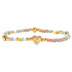 Letter C Summer Stainless Steel Heart Alphabet Colorful Glass Seed Beaded Stretch Bracelets for Women, Golden, Letter C, 6.89 inch(17.5cm)