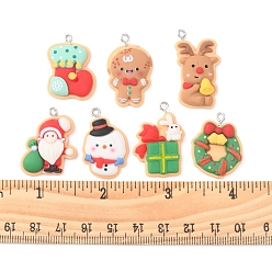 Mixed Color 14Pcs 7 Styles Christmas Theme Opaque Resin Pendants, with Platinum Tone Iron Loops, Snowman & Reindeer & Santa Claus, Mixed Shapes, Mixed Color, 26~31x18~22x5~6.5mm, Hole: 2mm, 2pcs/style
