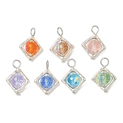 (52) Непрозрачная лаванда Сплав стекла подвески, ромб, с железной платиной петлей, граненый(32 граненый), разноцветные, 22x16x8 мм, отверстие : 3 мм
