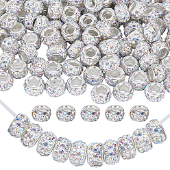 Crystal AB Handmade Polymer Clay Rhinestone European Large Hole Beads with Silver Color Plated Brass Cores, Rondelle, Crystal AB, 11~12x7~7.5mm, Hole: 5mm, 140pcs/set
