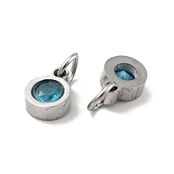 Cyan 304 Stainless Steel Pendants, with Cubic Zirconia and Jump Rings, Single Stone Charms, Flat Round, Stainless Steel Color, Cyan, 7.5x5.5x2.5mm, Hole: 3.6mm