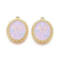 Лиловый Винтажный печатный стиль 304 овал из нержавеющей стали с подвесками в виде бабочек, ионное покрытие (ip), реальный 18 k позолоченный, сирень, 30.5x22x2.5 мм, отверстие : 1.6 мм