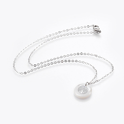 Нержавеющая Сталь Цвет Ожерелья из кулона с реальными платиновыми цепями из латуни, с 304 находками из нержавеющей стали и подвесками из пресноводной раковины, плоские круглые с дерева жизни, цвет нержавеющей стали, 17.52 дюйм (44.5 см), Кулон : 16x3 мм