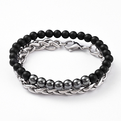 Black Agate Unisex Stretch Bracelet and Chain Bracelet Jewelry Sets, Stackable Bracelets, with Natural Black Agate(Dyed) & Non-Magnetic Synthetic Hematite Beads, 304 Stainless Steel Wheat Chains and Burlap Bag, Round, Stretch Bracelet: 2-1/4 inch(5.85cm), Chain Bracelet: 7-1/4 inch(18.5cm), 2pcs/set