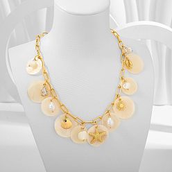 Золотой Латунные и натуральные ракушки морские звезды в форме диска подвеска нагрудник ожерелье для пляжа, золотые, 15.75 дюйм (40 см)